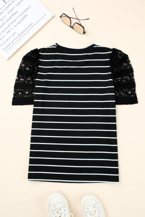 Black Tiered Lace Sleeve Striped Tee