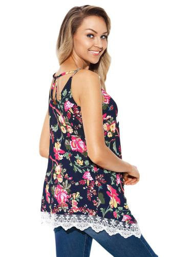 Navy Floral Lace Hem Tunic Tank