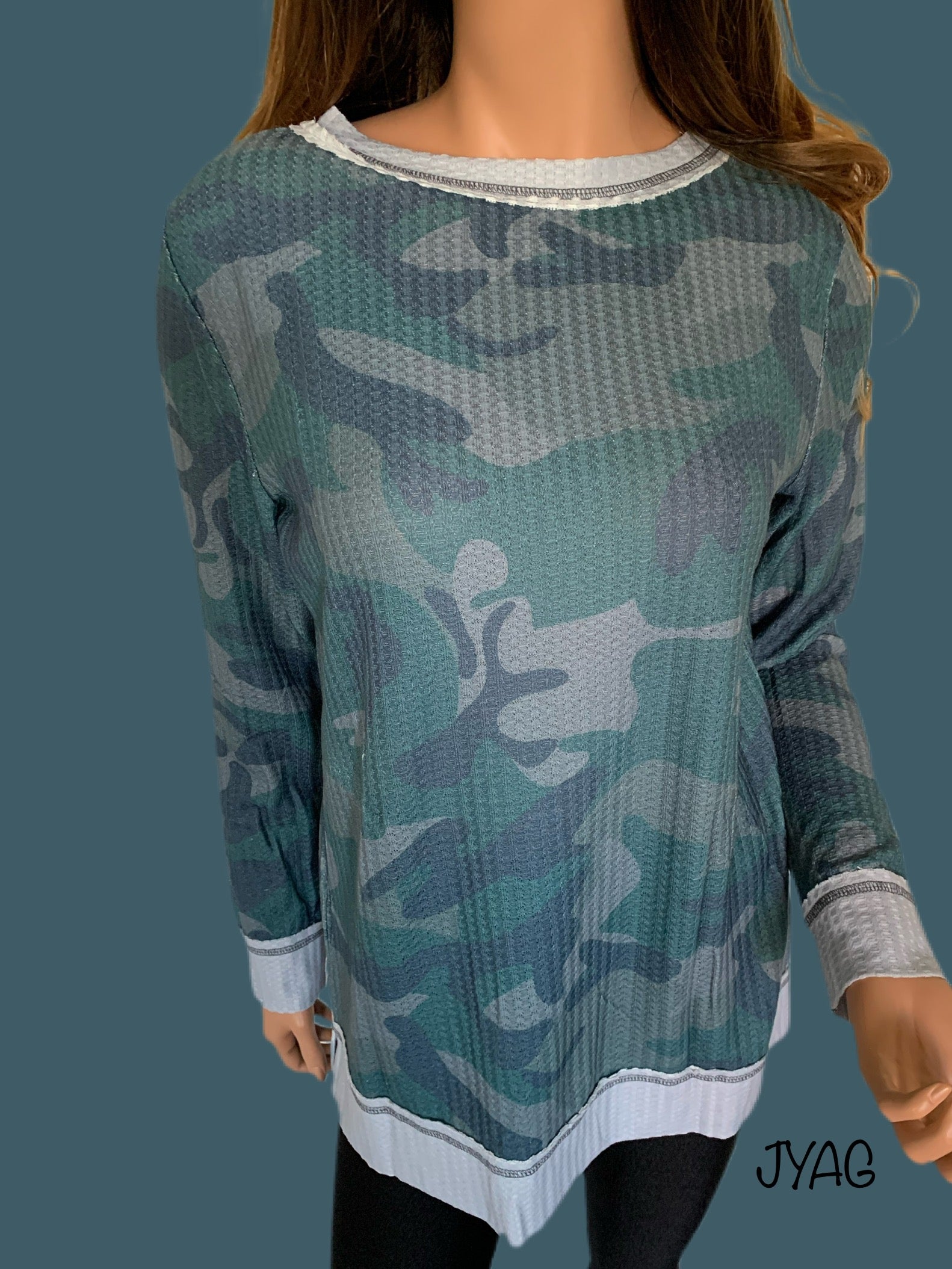 Distressed Camo Exposed Seam Waffle Knit Top