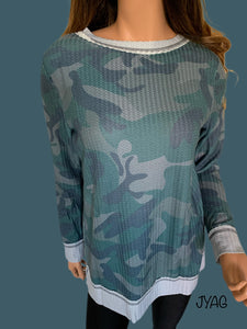 Distressed Camo Exposed Seam Waffle Knit Top