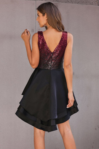 Black Ombre Sequin Multi Layer Satin Skater Dress