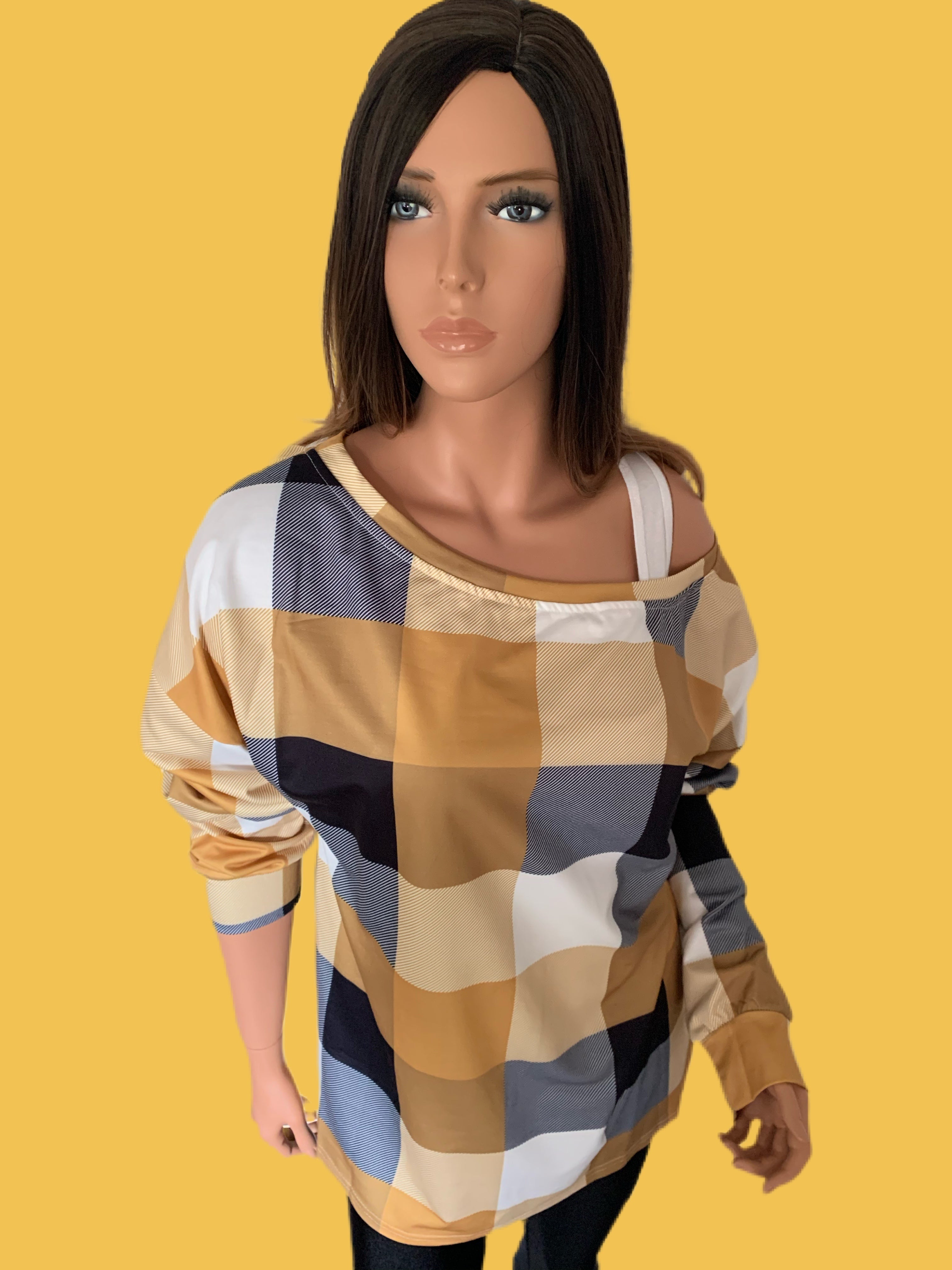 Harvest Gold Plaid Round Neck Long Sleeve Shirt
