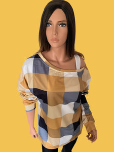 Harvest Gold Plaid Round Neck Long Sleeve Shirt