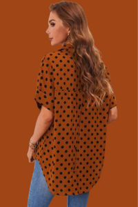 Brown Polka Dot Print Button Down Blouse