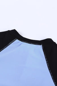 Teal Green Color Block Zip Up Rashguard Sports Top