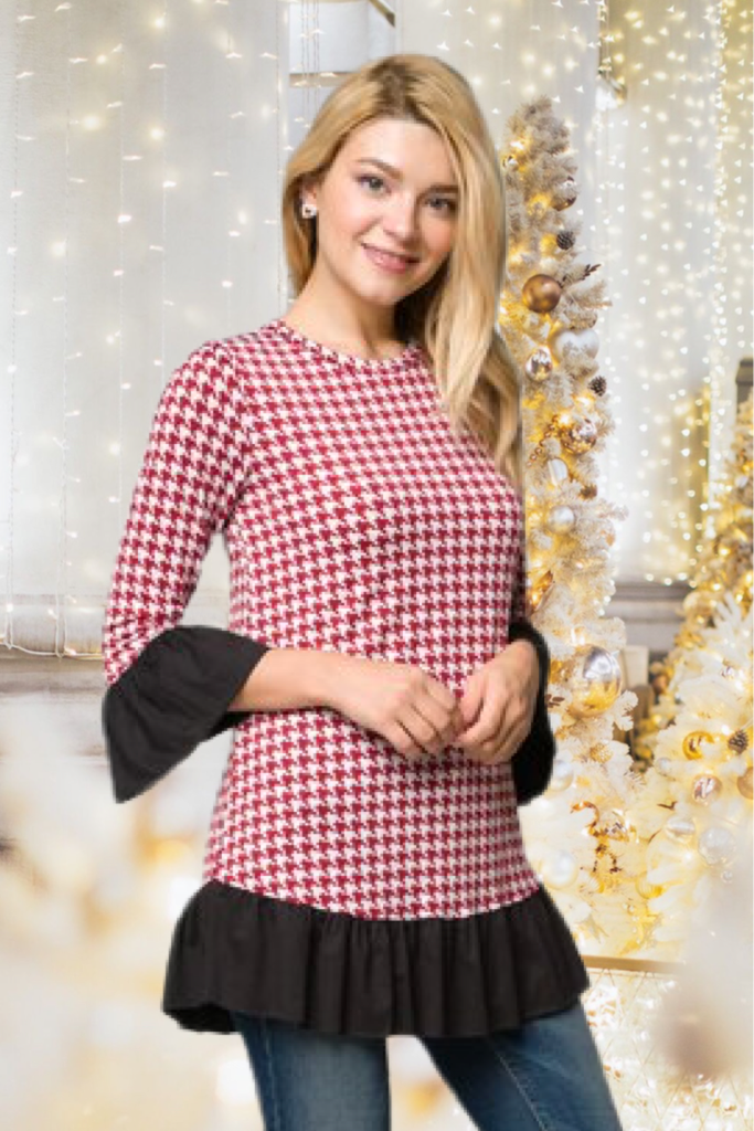 Maroon Houndstooth Black Ruffle Trim Tunic