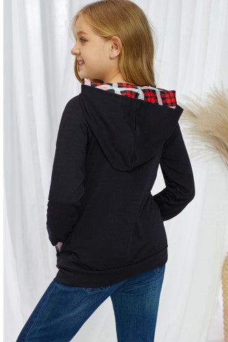 Girls Black and Red Plaid Double Hooded Sweatshirt