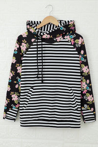 Black and White Striped Floral Print Double Hoodie