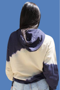 Navy and cream tie dye look hooded sweatshirt with kangaroo front pocket. Perfect for cool nights and fall and winter seasons. Outer has a smooth silky poly knit feel. Runs according to size guide. This is roomy for sizes. 