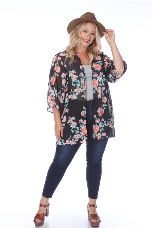 Black Floral Curvy Size Kimono