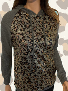 Allover Front Leopard Print Sequins Gray Hoodie