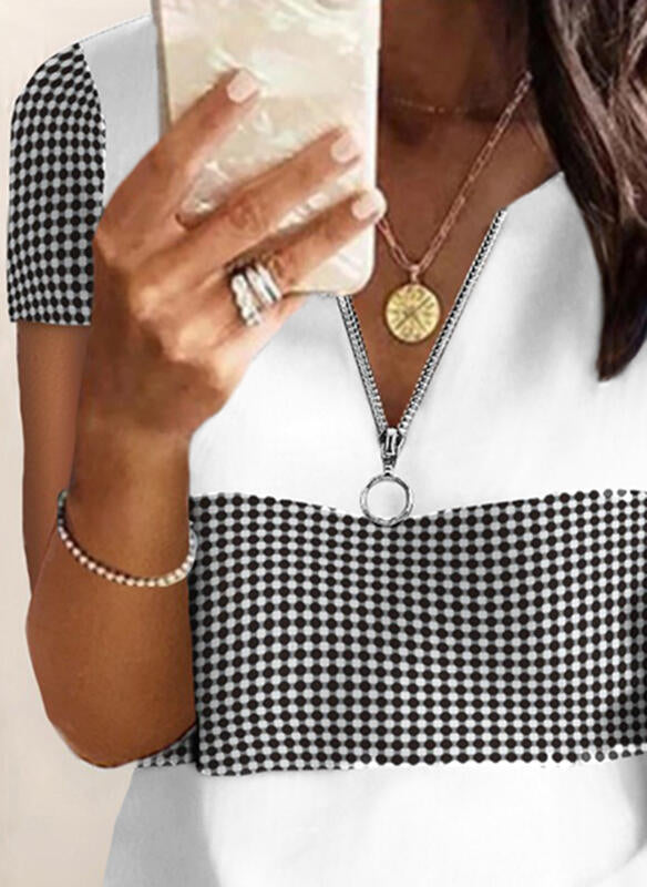Black Polka Dot Zip Short Sleeve Knit Tee
