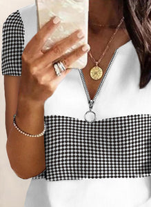 Black Polka Dot Zip Short Sleeve Knit Tee