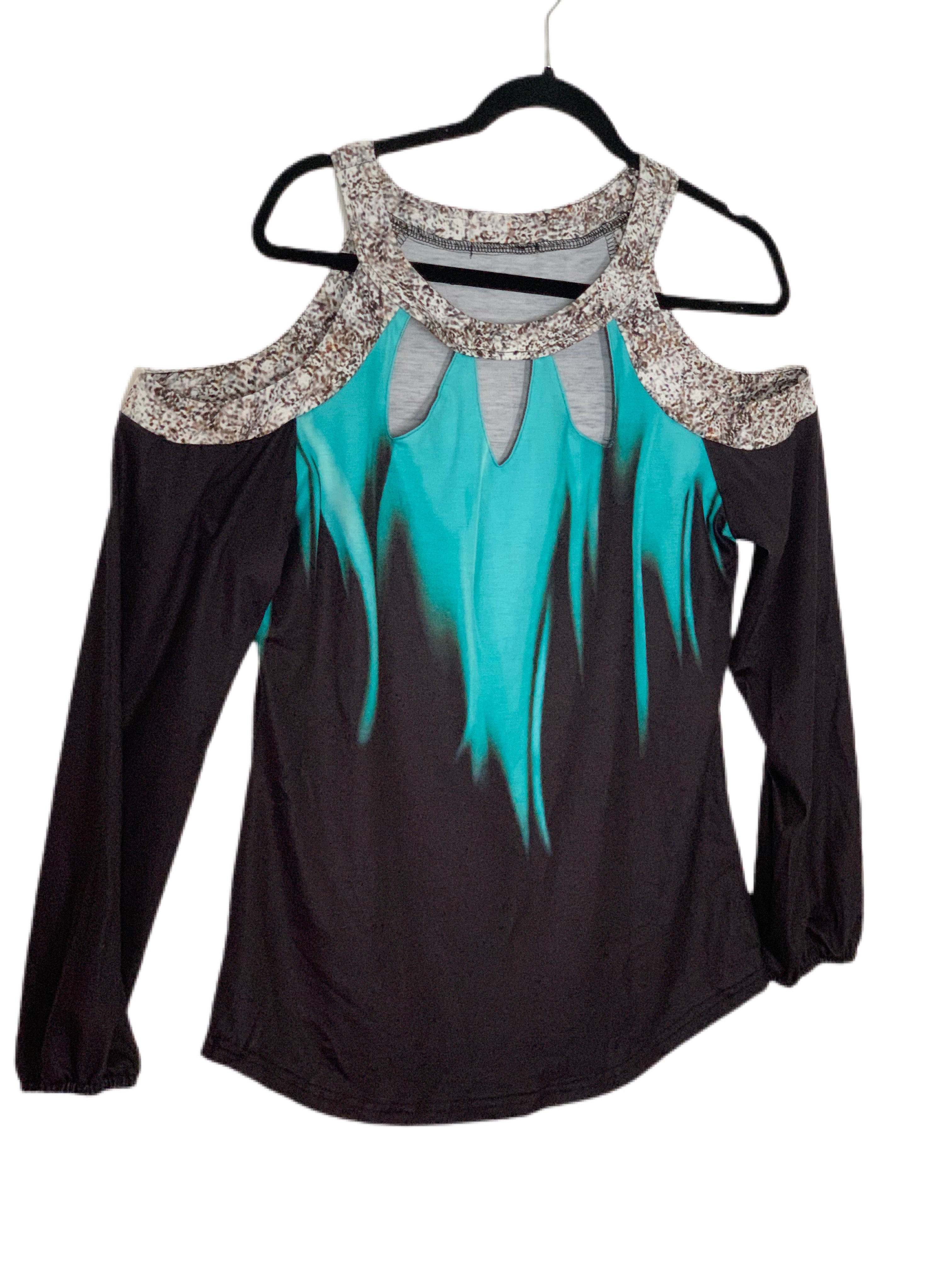 Beautiful turquoise green with multi printed trim cold shoulder knit top. Elastic sleeve hem for easy length adjustment. Nice weight soft knit fabric. Nice quality top.