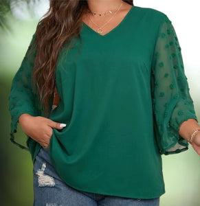 Beautiful emerald green curvy size blouse with Swiss dot lace 3/4 bell sleeve and V-Neck style. Lightweight silky polyester blend fabric. Great top to wear out or to the office. Roomy blouse. 