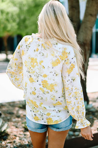 Yellow Floral Ruffly V-Neck Blouse