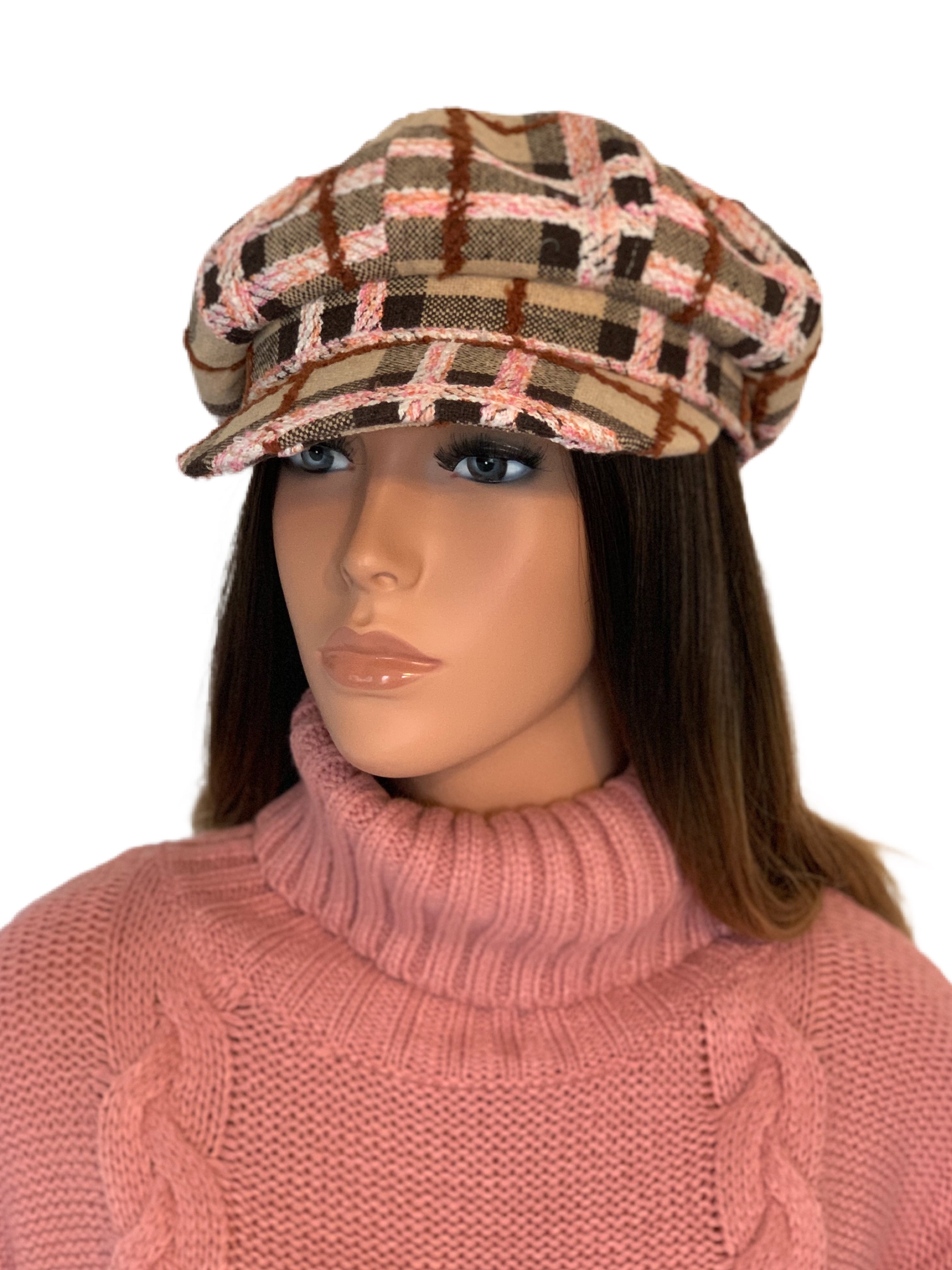 Pink, brown and tan plaid tweed hat. Adjustable with inner brim strings. High quality hat. Beautiful colors and so trendy for fall/winter. One size. 