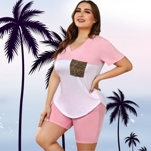 Curvy Size Pink Leopard Pocket Tee & Shorts Lounge Set