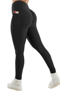 Black Textured Rear Lift Leggings with Pockets