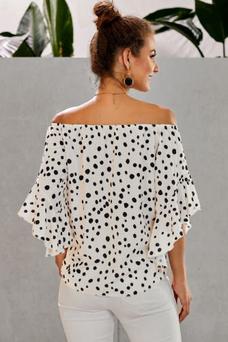 Cream Black Polka Dot Bell Sleeve Off Shoulder Front Tie Knot Top