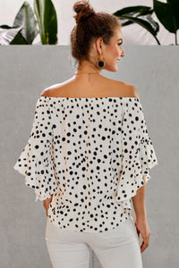 Cream Black Polka Dot Bell Sleeve Off Shoulder Front Tie Knot Top