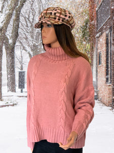 Rose Pink Chunky Cable Knit Sweater