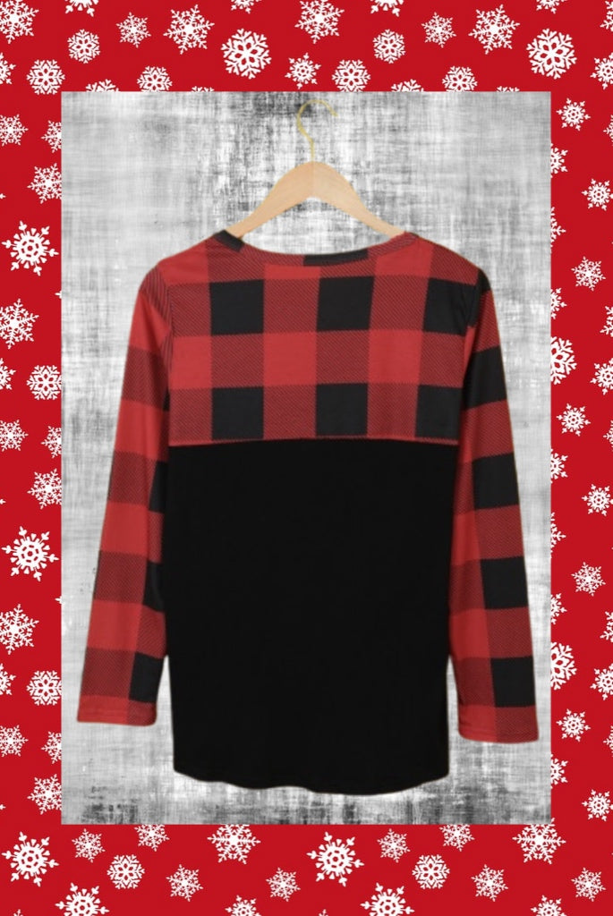 Red Buffalo Plaid Sequined Pocket Long Sleeve Top