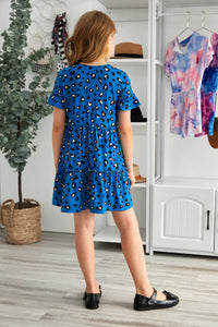 Girls Royal Blue Ruffled Leopard Print Dress