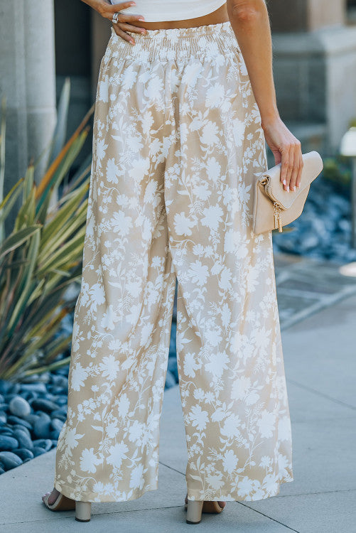 Tan Floral Silky Wide Leg Pants