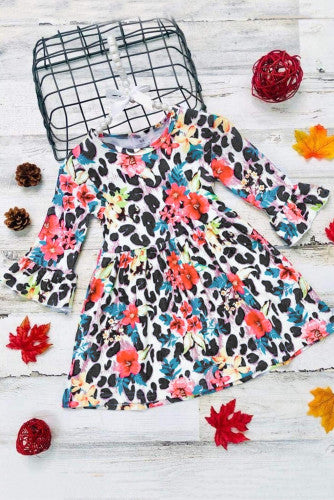 Girls Colorful Floral Leopard Print Ruffled Long Sleeve Dress