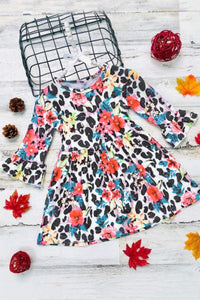 Girls Colorful Floral Leopard Print Ruffled Long Sleeve Dress