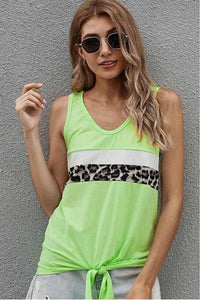 Neon Green Tie Front with Leopard Stripe Sleeveless shirt