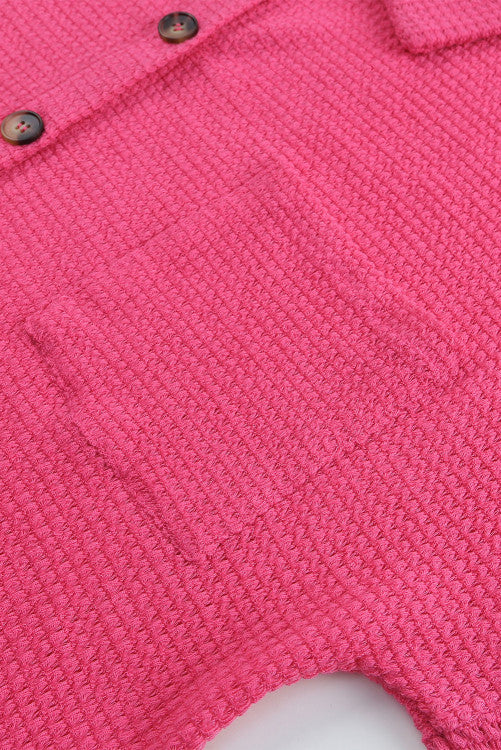 Bright Pink Waffle Knit Oversized Button Up Shirt