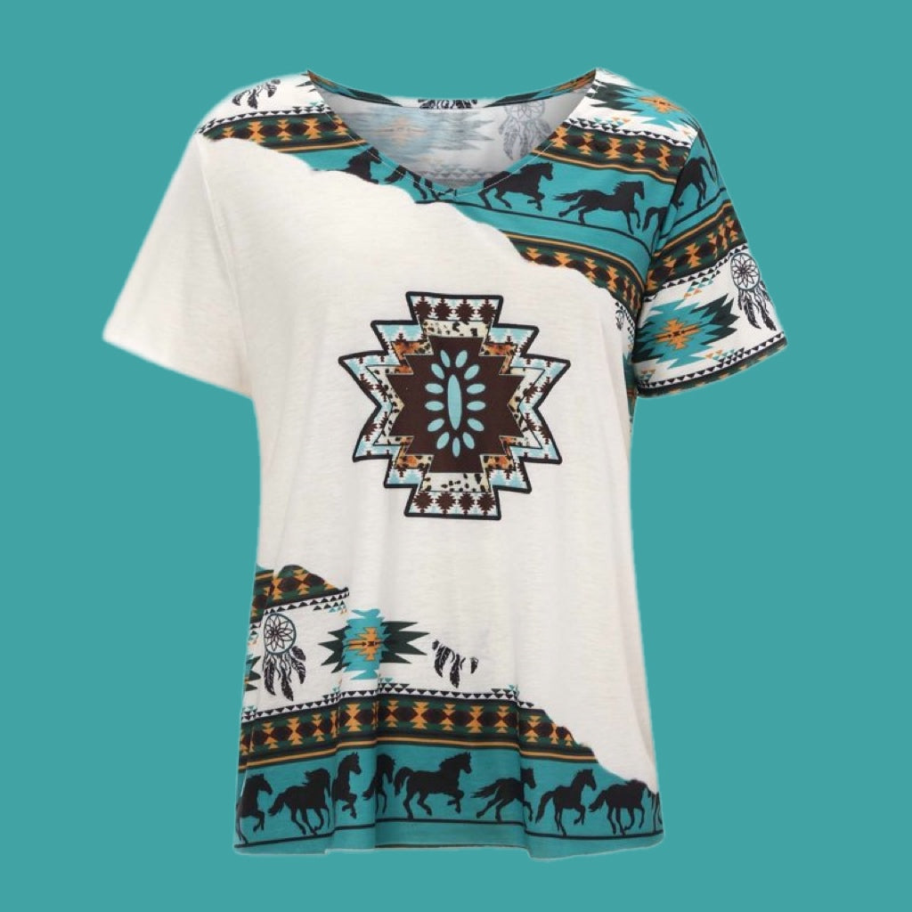 Teal Western Design White Casual Tee