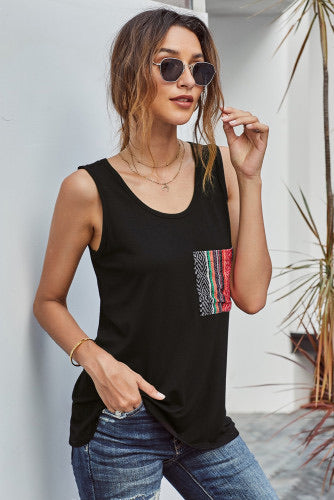 Casual Black Knit Tank Top with Striped Pocket