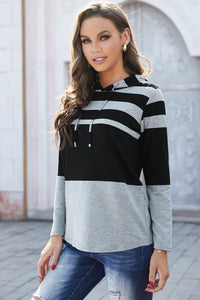 Gray and Black Striped Colorblock Lightweight Hoodie