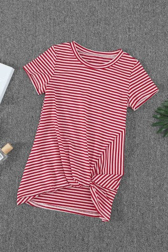 Girls Red Striped Short Sleeve Front Twist Tunic Top