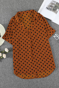 Brown Polka Dot Print Button Down Blouse