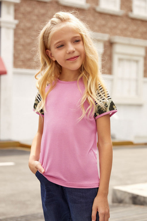 Girls Pink Striped Leopard Print Sleeve Tee