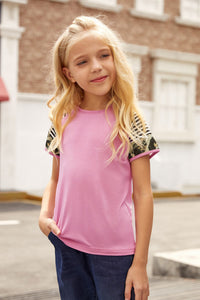 Girls Pink Striped Leopard Print Sleeve Tee