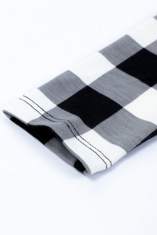 Girls Black and White Plaid Knotted Long-sleeve Top