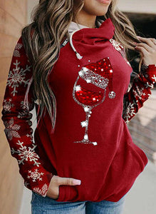 Red Rhinestone Holiday Glass Snowflake Sleeve Double Hooded Sweatshirt