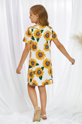 Girls Sunflower Twist Knot V Neck Mini Dress