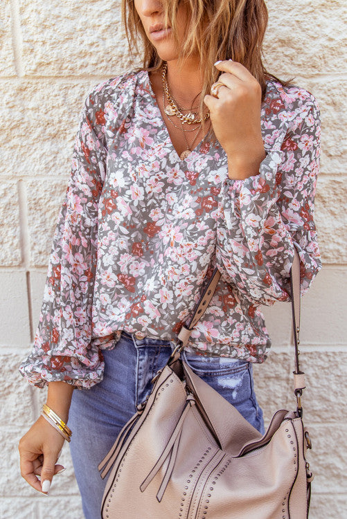 Rose Pink Floral Puff Sleeve Blouse