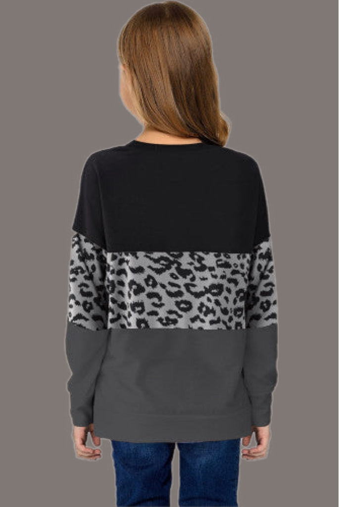 Girls Black Leopard Print Color-block Sweatshirt