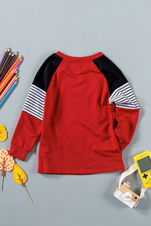 Girls Red Black Striped Colorblock Pullover with Pockets