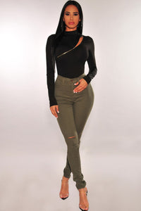 •Asymmetrical  zipper, and a stylish sheer mesh bodice.  •Mock neck, long sleeves, sheer mesh bodice and thong bottom.  •Snap button gusset at crotch finished.  •Stretch polyester.  True to size guide. 