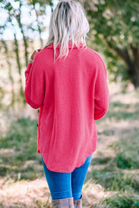 Bright Pink Waffle Knit Oversized Button Up Shirt