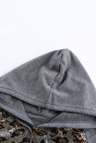 Allover Front Leopard Print Sequins Gray Hoodie