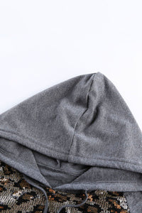 Allover Front Leopard Print Sequins Gray Hoodie